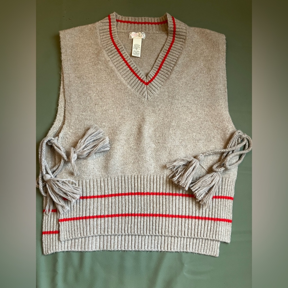 Free People All Star Stripe Poncho Vest Oatmeal Red Ribbed Tassel Tie OS
